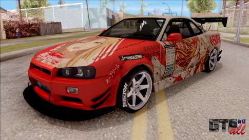 Nissan Skyline GT-R R34 RB Itasha Yuuki Asuna для GTA San Andreas вид спереди