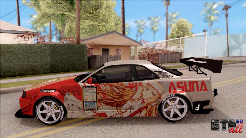 Nissan Skyline GT-R R34 RB Itasha Yuuki Asuna для GTA San Andreas вид сбоку